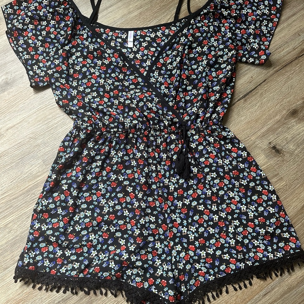 Xhilaration Floral Black Romper with Tassel Tie NWOT